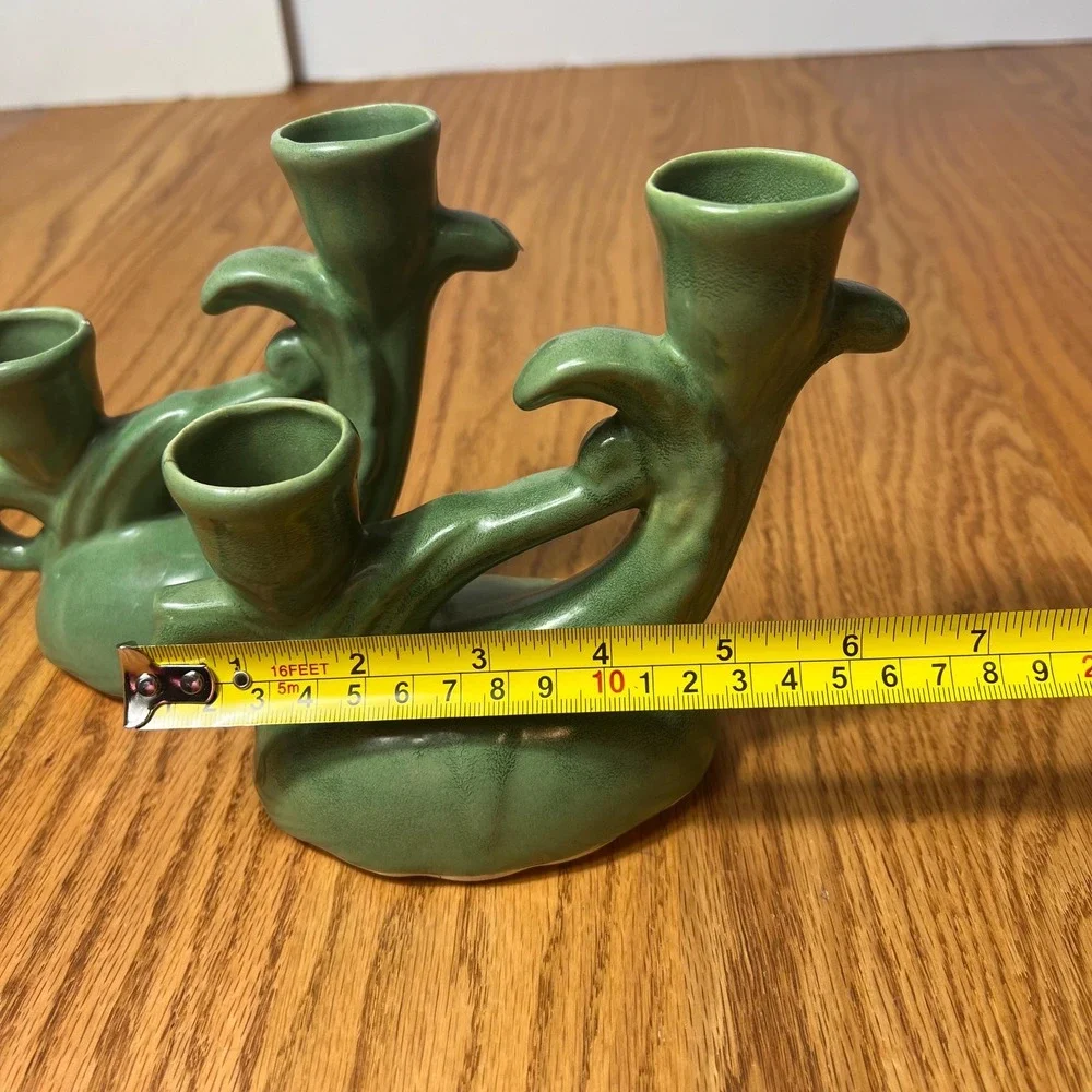 VTG Camark Pottery Pair of Green Double Candle Holders Mid Century Matte Glaze